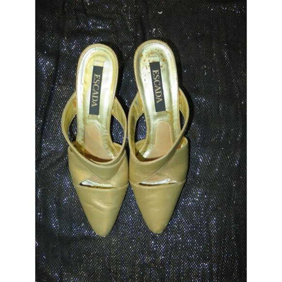 Escada Vintage Gold Satin & Leather Kitten Heeled Mules Sandals size 6 B - Picture 1 of 9